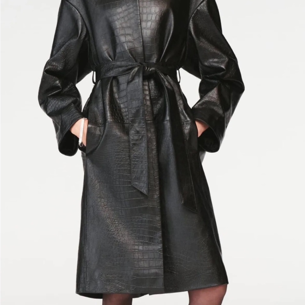Zara x Steven Meisel black leather croc embossed coat.  Size M.